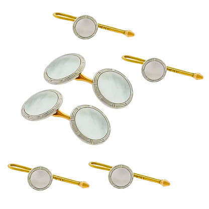 Estate Krementz Mothers of Pearl 14k White & Pink Gold Cufflinks and Stud Set