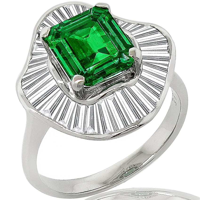 Estate 2.23ct Emerald Cut Colombian Emerald 1.85ct  Diamond Platinum Ring
