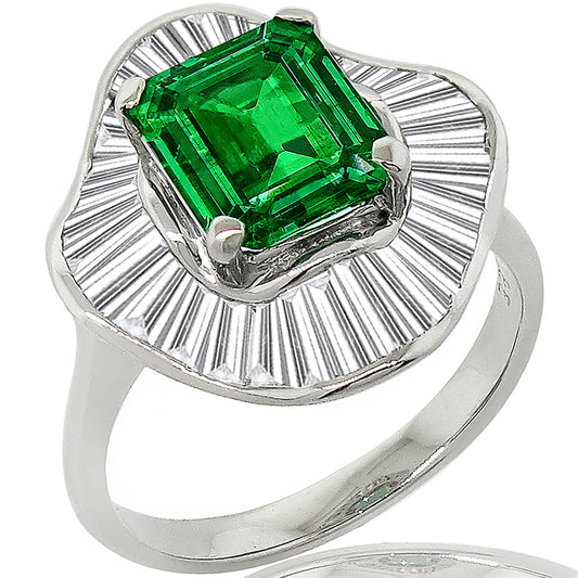 Estate 2.23ct Emerald Cut Colombian Emerald 1.85ct  Diamond Platinum Ring