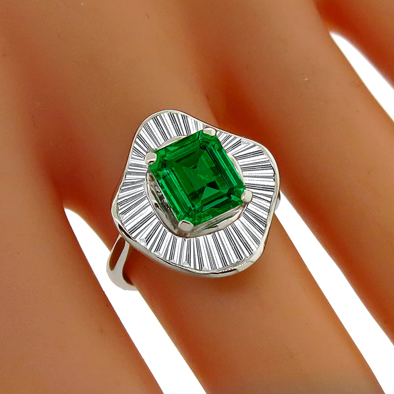 Estate 2.23ct Emerald Cut Colombian Emerald 1.85ct  Diamond Platinum Ring