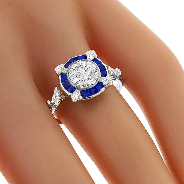 Art Deco Style GIA 1.03ct Diamond Sapphire Gold Engagement Ring