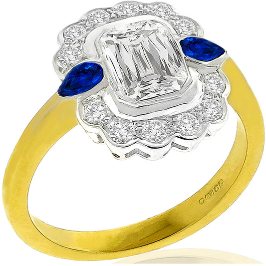 Vintage GIA 1.19ct Diamond Sapphire 2 Tone Gold Engagement Ring