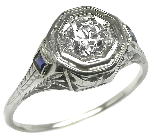 Antique  0.40ct Old Mine  Cut Diamond Sapphire 14k White Gold  Ring