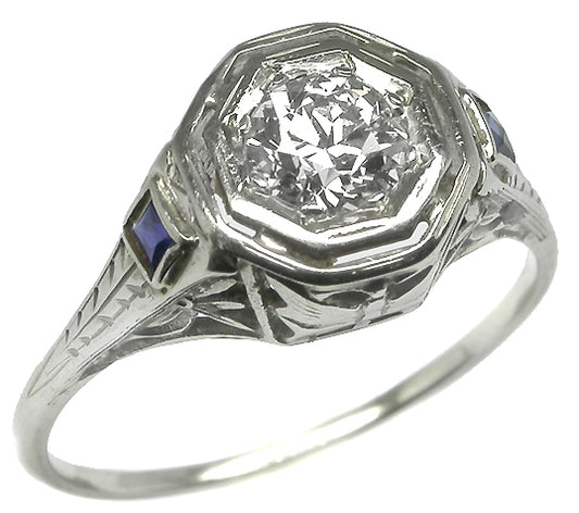 Antique  0.40ct Old Mine  Cut Diamond Sapphire 14k White Gold  Ring