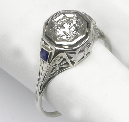 Antique  0.40ct Old Mine  Cut Diamond Sapphire 14k White Gold  Ring