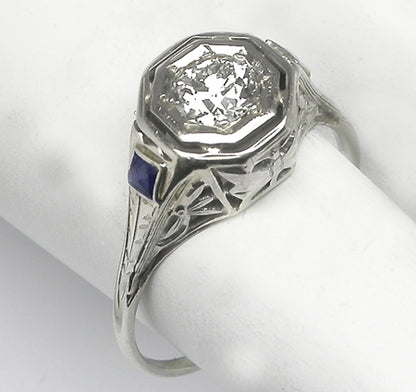 Antique  0.40ct Old Mine  Cut Diamond Sapphire 14k White Gold  Ring
