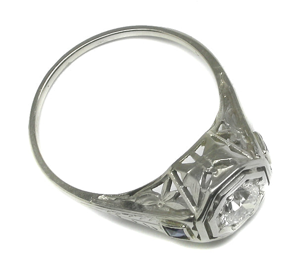 Antique  0.40ct Old Mine  Cut Diamond Sapphire 14k White Gold  Ring