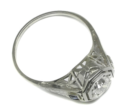 Antique  0.40ct Old Mine  Cut Diamond Sapphire 14k White Gold  Ring