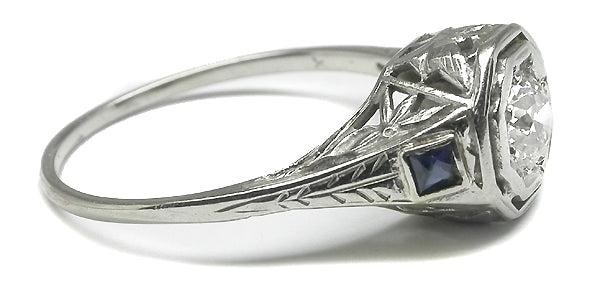 Antique  0.40ct Old Mine  Cut Diamond Sapphire 14k White Gold  Ring