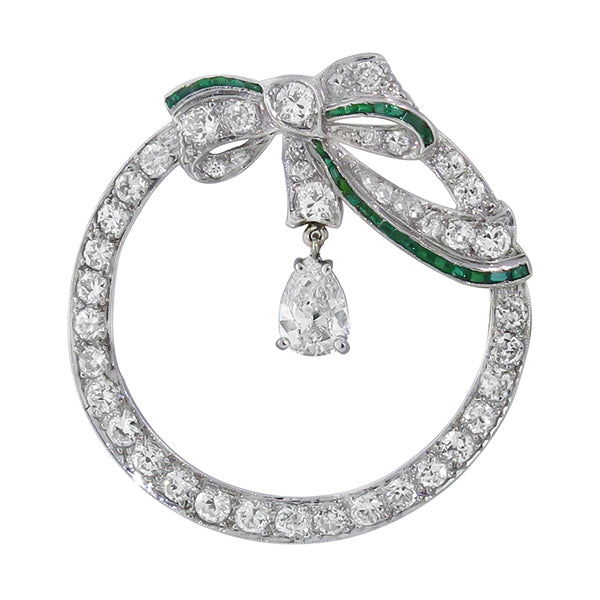 Antique 0.63ct Center Pear Shape  Diamond 2.50ct Diamond Emerald Pin