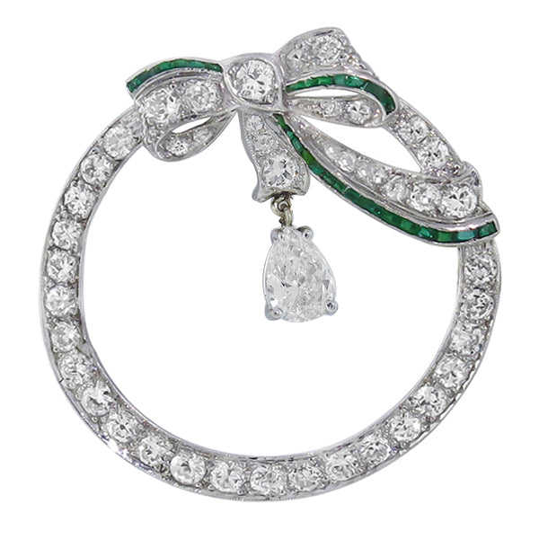 Antique 0.63ct Center Pear Shape  Diamond 2.50ct Diamond Emerald Pin