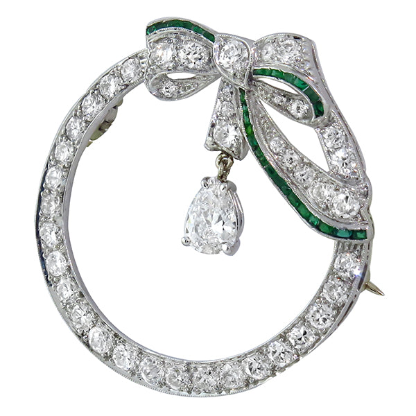 Antique 0.63ct Center Pear Shape  Diamond 2.50ct Diamond Emerald Pin