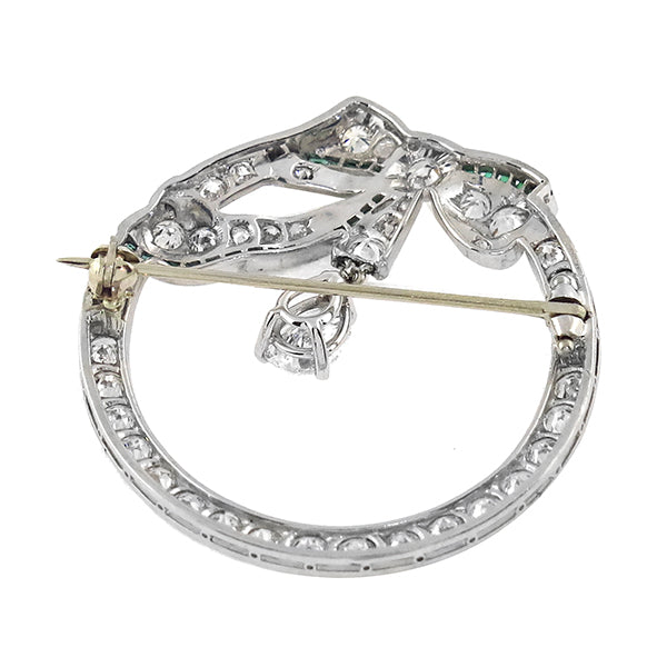 Antique 0.63ct Center Pear Shape  Diamond 2.50ct Diamond Emerald Pin