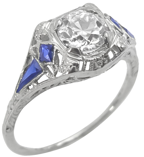 Antique 0.85ct Diamond Sapphire Gold Engagement Ring
