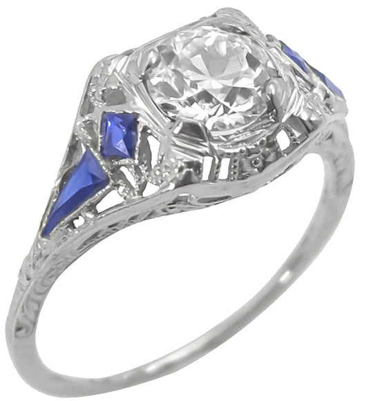 Antique 0.85ct Diamond Sapphire Gold Engagement Ring