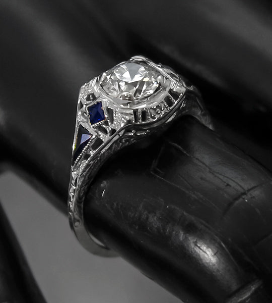 Antique 0.85ct Diamond Sapphire Gold Engagement Ring