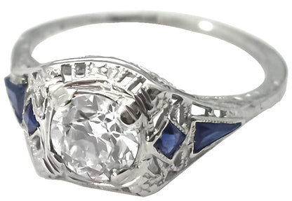 Antique 0.85ct Diamond Sapphire Gold Engagement Ring