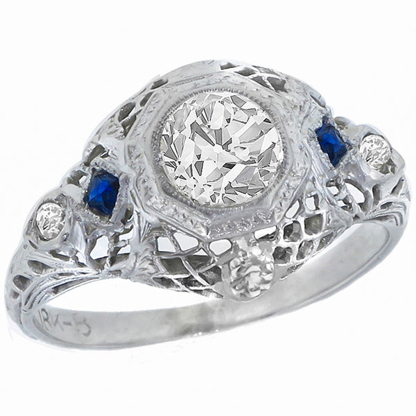 Antique 0.85ct Diamond Sapphire Gold Engagement Ring