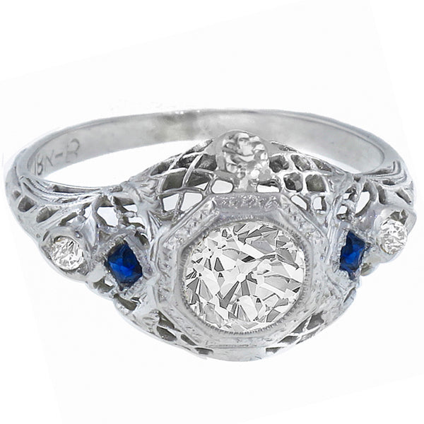 Antique 0.85ct Diamond Sapphire Gold Engagement Ring