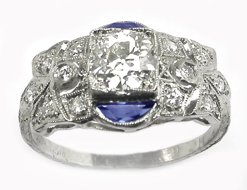 Antique 0.91ct Diamond & Sapphire Platinum Ring