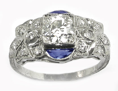 Antique 0.91ct Diamond & Sapphire Platinum Ring