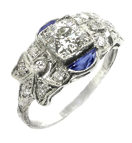 Antique 0.91ct Diamond & Sapphire Platinum Ring