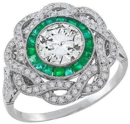 Antique  0.95ct   Diamond Emerald Engagement Ring
