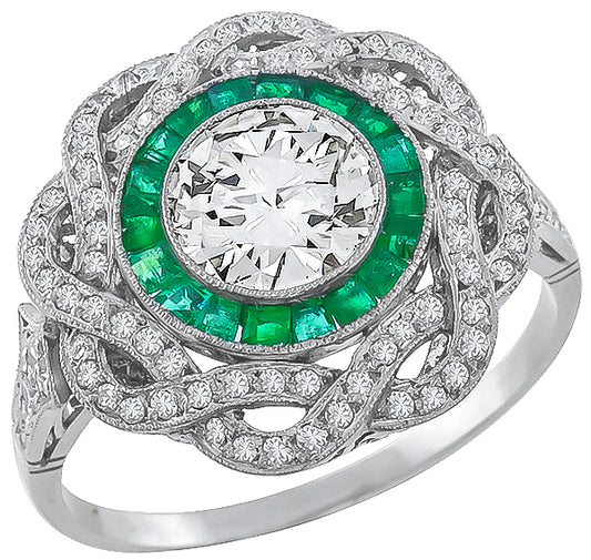 Antique  0.95ct   Diamond Emerald Engagement Ring