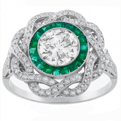 Antique  0.95ct   Diamond Emerald Engagement Ring