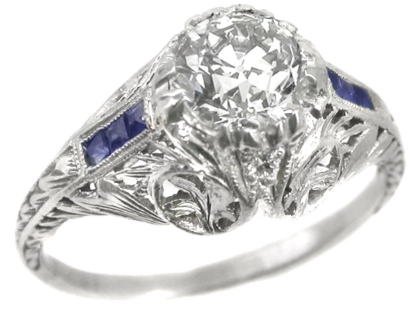 Antique 0.98ct Diamond Sapphire Platinum Engagement Ring