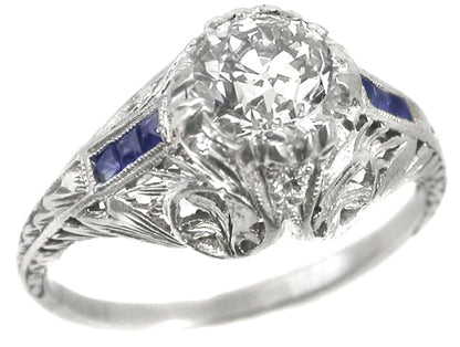 Antique 0.98ct Diamond Sapphire Platinum Engagement Ring