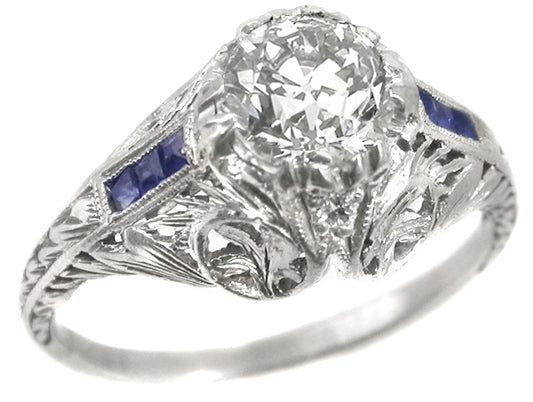 Antique 0.98ct Diamond Sapphire Platinum Engagement Ring