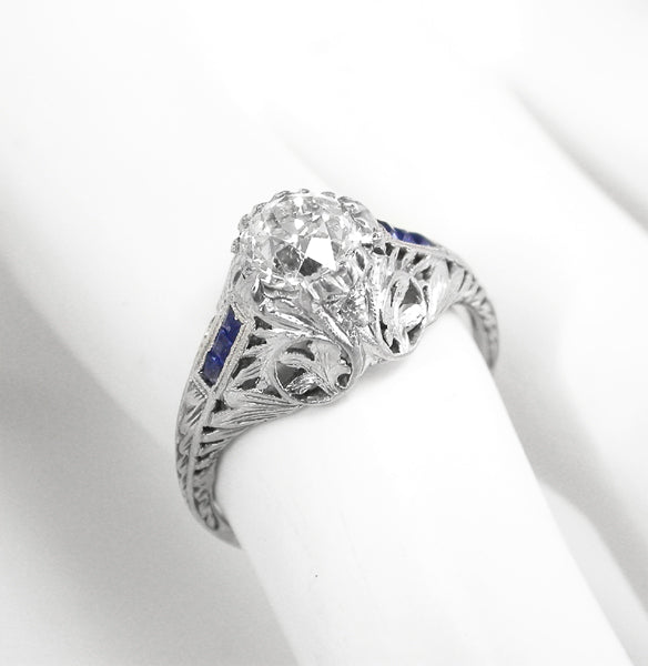 Antique 0.98ct Diamond Sapphire Platinum Engagement Ring