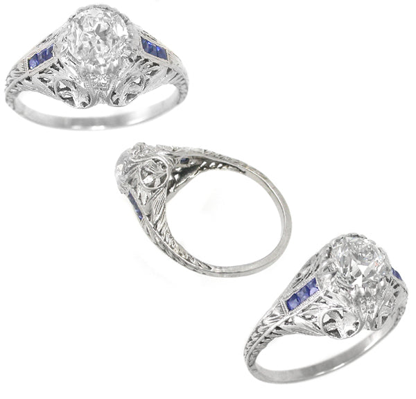 Antique 0.98ct Diamond Sapphire Platinum Engagement Ring