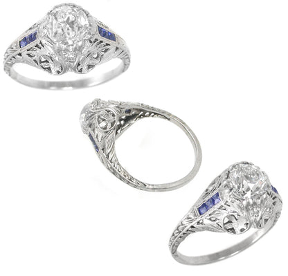Antique 0.98ct Diamond Sapphire Platinum Engagement Ring