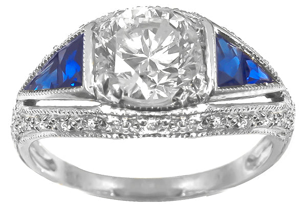 Antique 1.46ct Diamond Sapphire Gold  Engagement Ring