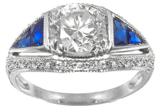 Antique 1.46ct Diamond Sapphire Gold  Engagement Ring