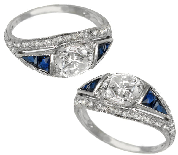 Antique 1.46ct Diamond Sapphire Gold  Engagement Ring