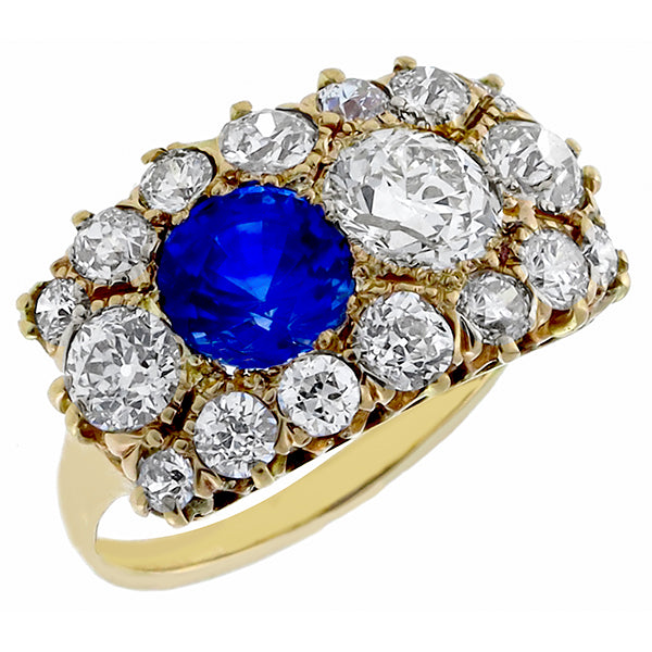 Antique 1.52ct Ceylon Sapphire 0.84ct Diamond Gold Ring
