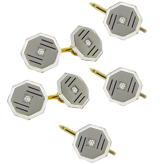 Antique 1920s Crystal 0.35ct  Diamond Gold Tuxedo Set