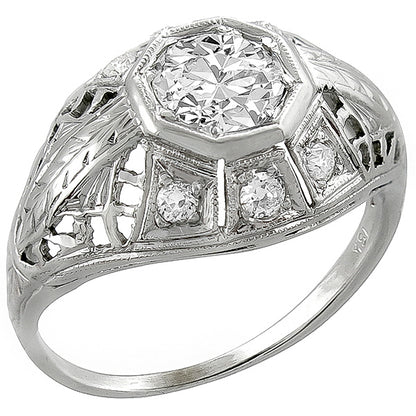 Art Deco 0.70ct Old European Brilliant Diamond 18k White Gold Engagement Ring