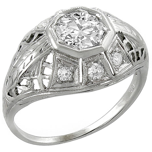 Art Deco 0.70ct Old European Brilliant Diamond 18k White Gold Engagement Ring