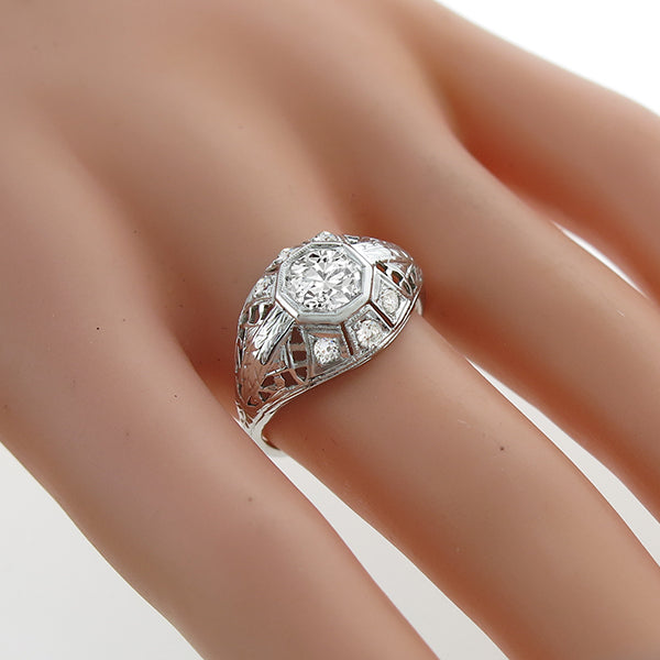Art Deco 0.70ct Old European Brilliant Diamond 18k White Gold Engagement Ring