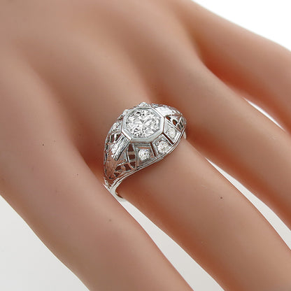 Art Deco 0.70ct Old European Brilliant Diamond 18k White Gold Engagement Ring