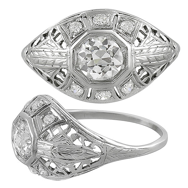 Art Deco 0.70ct Old European Brilliant Diamond 18k White Gold Engagement Ring