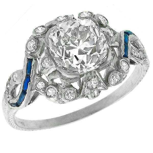 Art Deco 2.19ct Old Mine Cut Diamond And Sapphire Platinum Engagement Ring