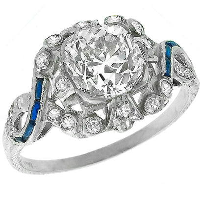Art Deco 2.19ct Old Mine Cut Diamond And Sapphire Platinum Engagement Ring