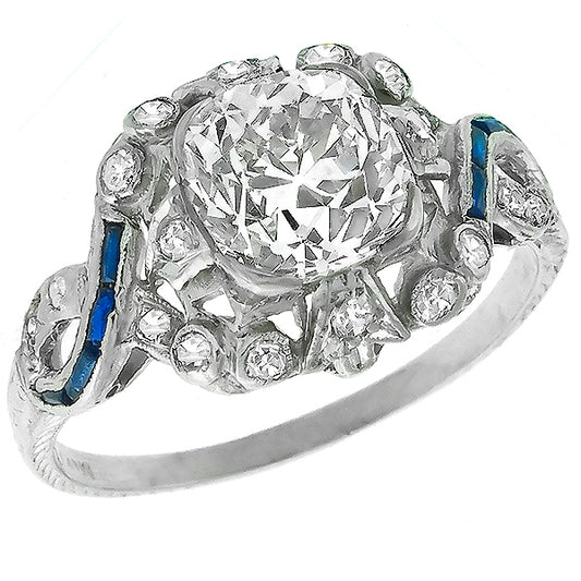 Art Deco 2.19ct Old Mine Cut Diamond And Sapphire Platinum Engagement Ring
