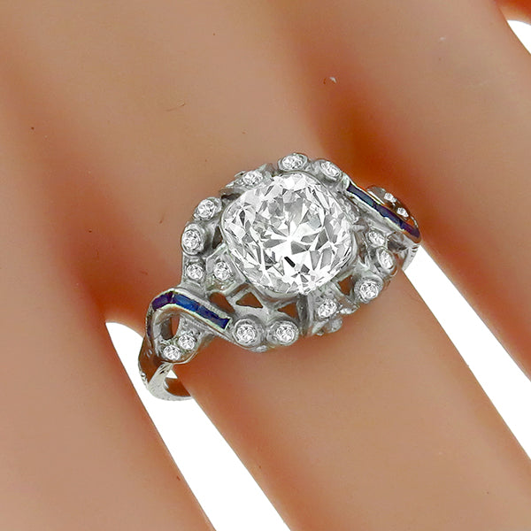 Art Deco 2.19ct Old Mine Cut Diamond And Sapphire Platinum Engagement Ring