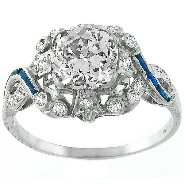 Art Deco 2.19ct Old Mine Cut Diamond And Sapphire Platinum Engagement Ring